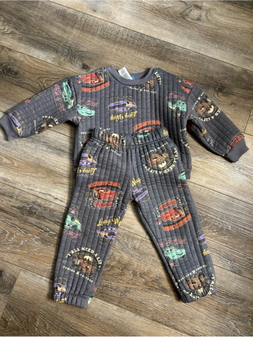 Disney Cars Gray Quilted Kids Matching Set with Colorful Car Prints 2T
